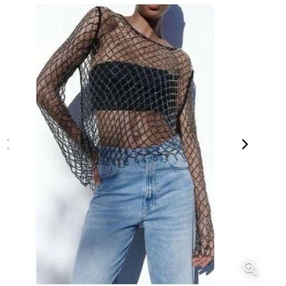 Zara Women’s Black Beaded Mesh Fishnet Top XS Alternative Goth Glam Festival